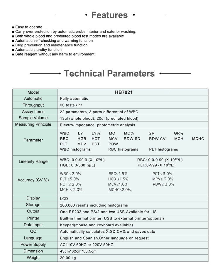 hematology analyzer features